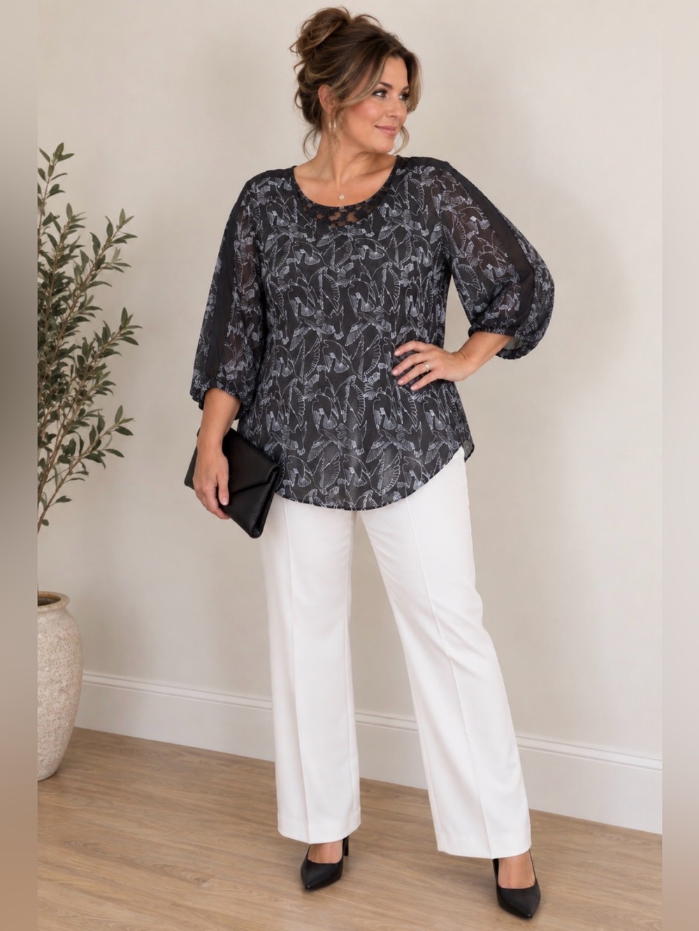 Black Rainn Sheer Bird Print Lace Back Blouse Women's L